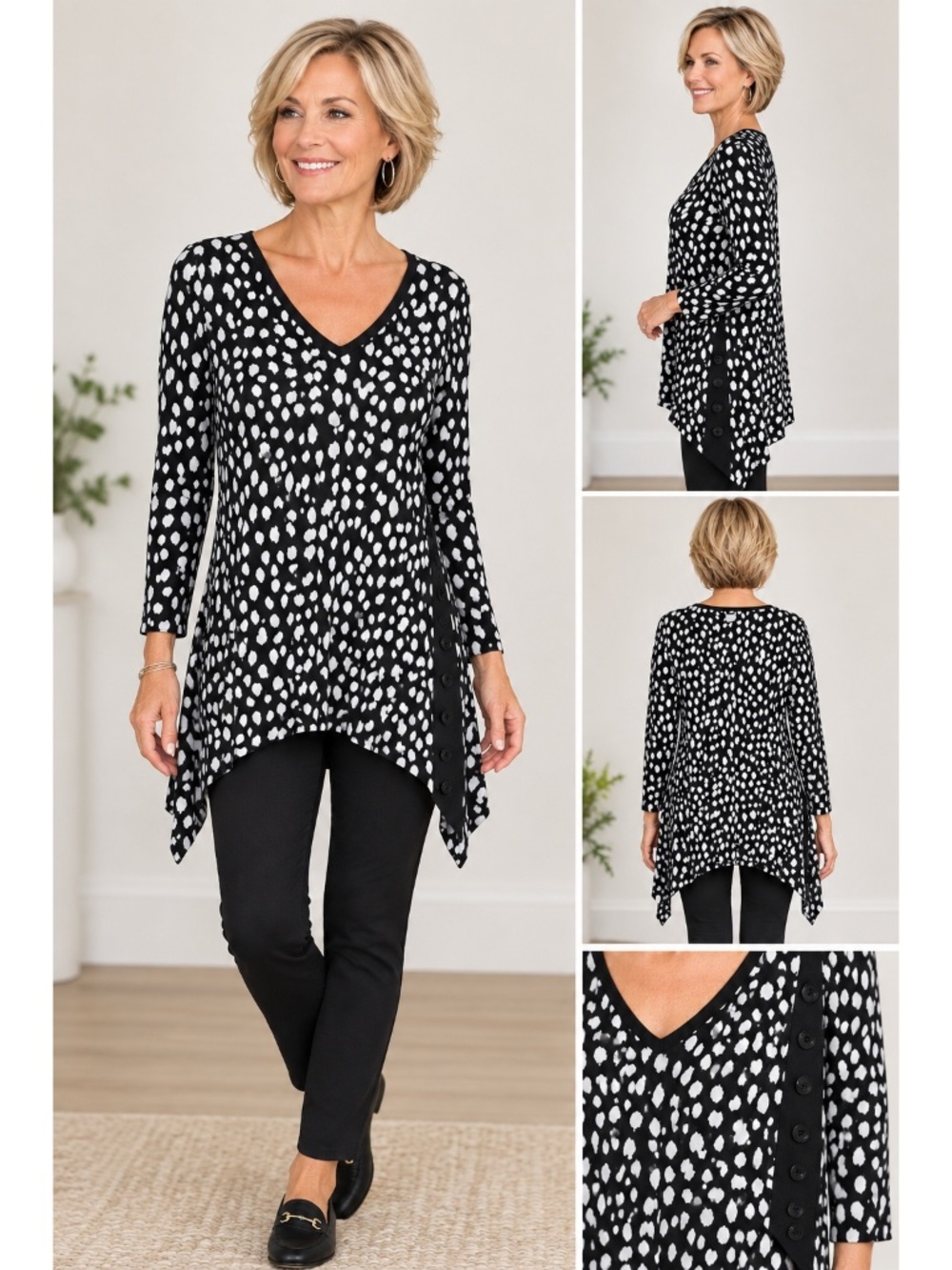 Chico's Black White Abstract Print Handkerchief Hem Tunic Size 2 L